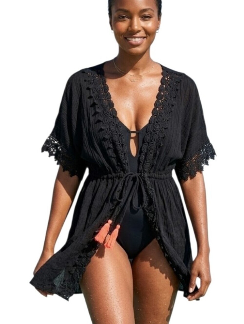 Black Crochet Trim Tie-Front Cover-Up with Coral Tassels